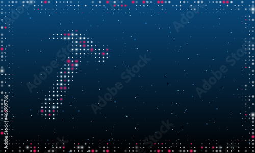 On the left is the hammer symbol filled with white dots. Pointillism style. Abstract futuristic frame of dots and circles. Some dots is pink. Vector illustration on blue background with stars