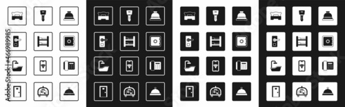 Set Hotel service bell, room bed, Digital door lock, Bedroom, Safe, key, Telephone handset and Bathtub icon. Vector