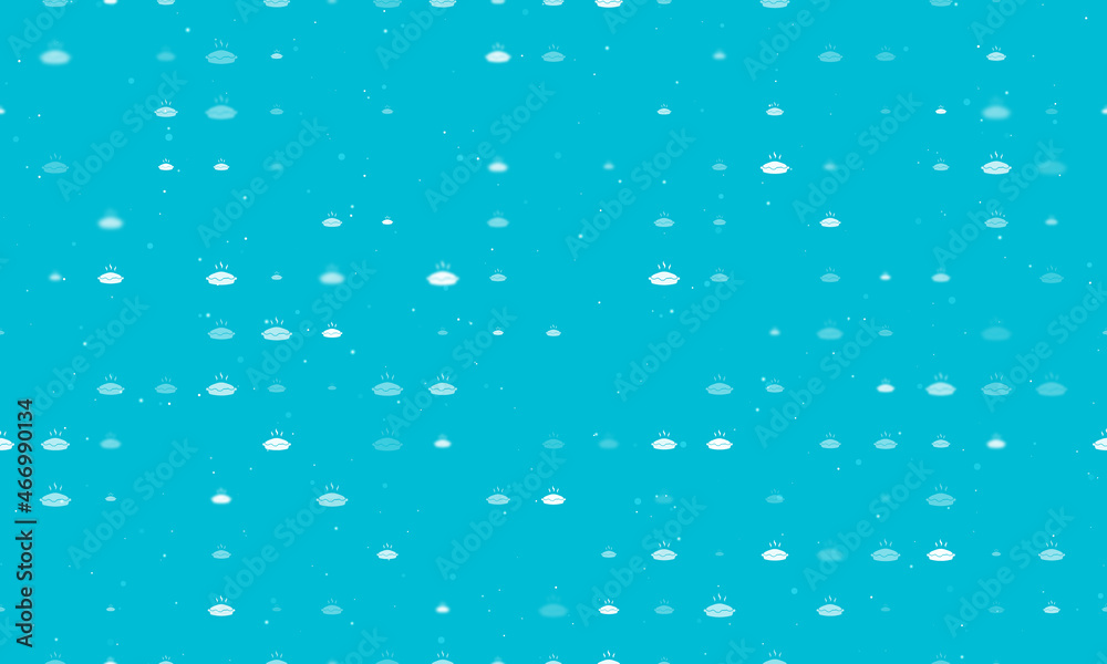 Seamless background pattern of evenly spaced white hot pie symbols of different sizes and opacity. Vector illustration on cyan background with stars Seamless background pattern of evenly spaced white hot pie symbols of different sizes and opacity. Vector illustration on cyan background with stars