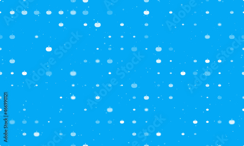 Seamless background pattern of evenly spaced white pumpkin symbols of different sizes and opacity. Vector illustration on light blue background with stars