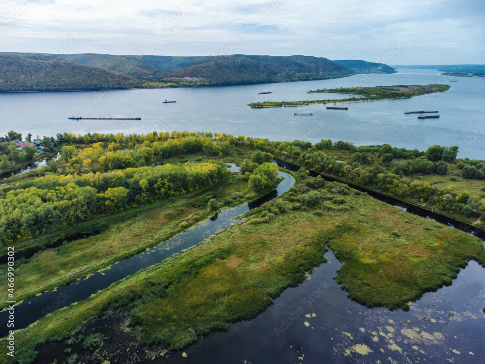 Aerial view of Volga river with cargo ships. Aerial view of Volga river with cargo ships.