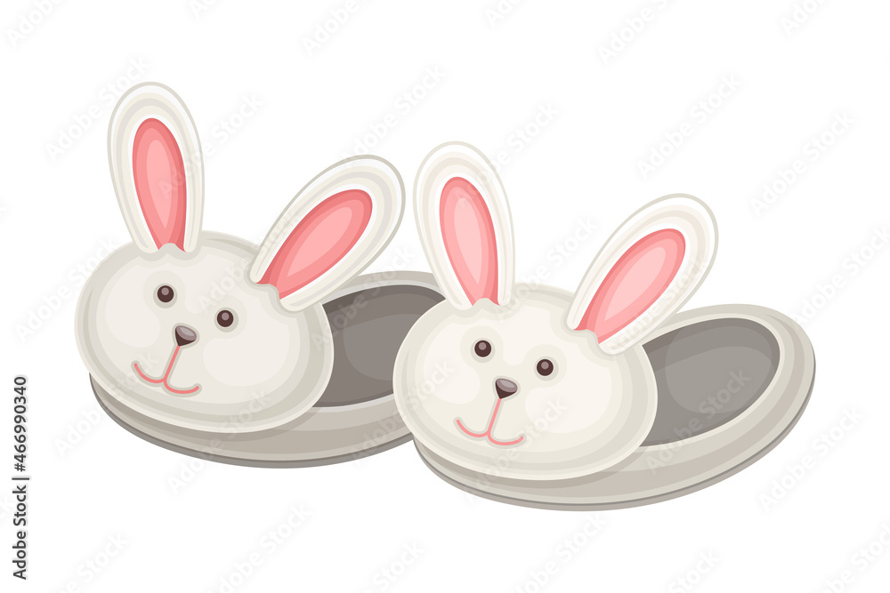 Fototapeta premium Pair of bunny slippers, soft comfortable textile footwear for home cartoon vector illustration