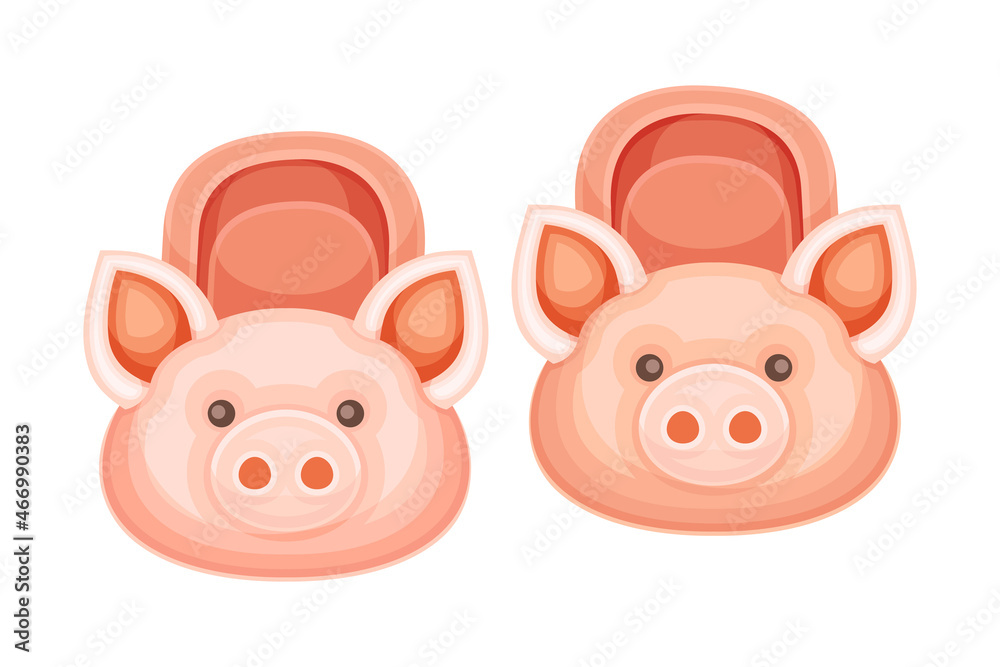 Pair of fluffy pig slippers, soft comfortable textile footwear for home cartoon vector illustration Pair of fluffy pig slippers, soft comfortable textile footwear for home cartoon vector illustration