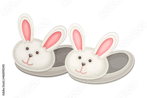 Pair of bunny slippers, soft comfortable textile footwear for home cartoon vector illustration