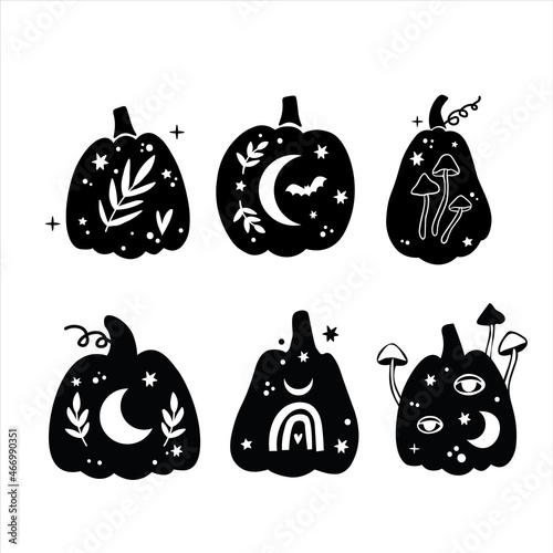 Halloween celestial pumpkin isolated clipart set, Fall magic pumpkin silhouette, Thanksgiving decor, Autumn witchy pumpkins with ornament - vector items