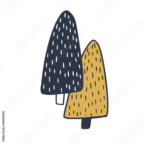 Simple doodle cute trees. Yellow and dar blue color