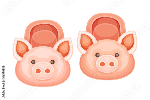 Pair of fluffy pig slippers, soft comfortable textile footwear for home cartoon vector illustration