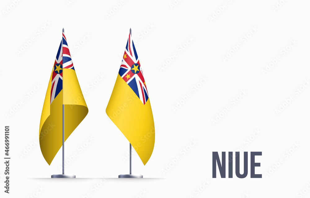 Niue flag state symbol isolated on background national banner. Greeting card National Independence Day of the republic of Niue. Illustration banner with realistic state flag. Niue flag state symbol isolated on background national banner. Greeting card National Independence Day of the republic of Niue. Illustration banner with realistic state flag.