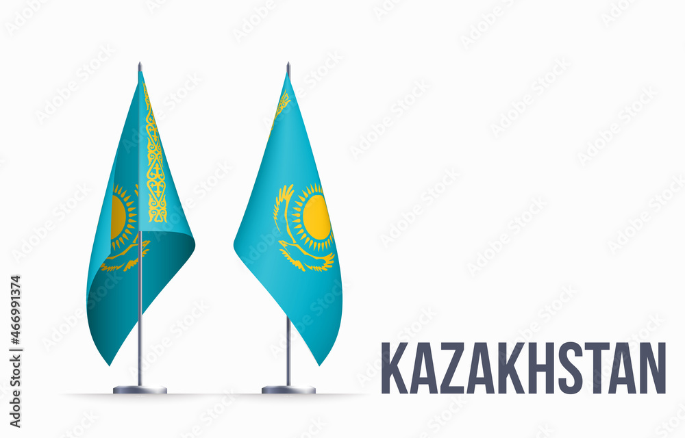 Kazakhstan flag state symbol isolated on background national banner. Greeting card National Independence Day of the Republic of Kazakhstan. Illustration banner with realistic state flag of RK.