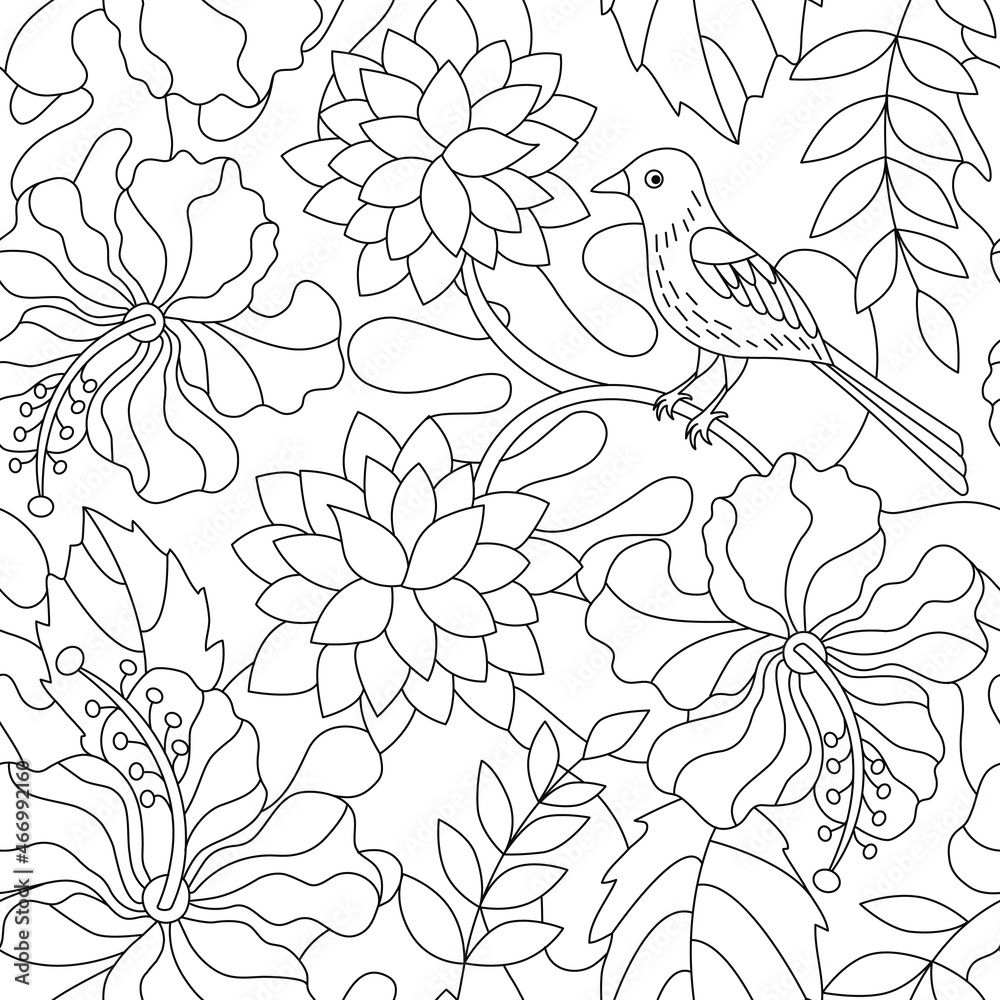 Fototapeta Flowers and bird coloring seamless pattern. Creative Black and white vector illustration.