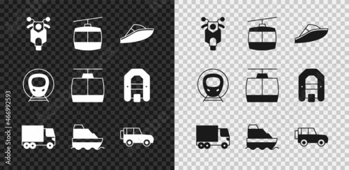 Set Scooter, Cable car, Speedboat, Delivery cargo truck, Cruise ship, Off road, Train and railway and icon. Vector