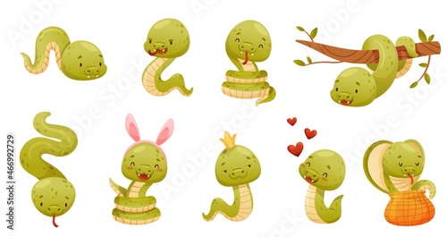 Cute green snake doing various actions set. Funny wild reptile baby animal cartoon vector illustration