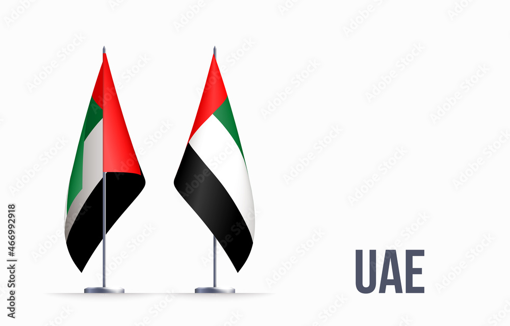 United Arab Emirates flag state symbol isolated on background national banner. Greeting card National Day spirit of the union United Arab Emirates. Illustration banner with realistic state flag of UAE United Arab Emirates flag state symbol isolated on background national banner. Greeting card National Day spirit of the union United Arab Emirates. Illustration banner with realistic state flag of UAE
