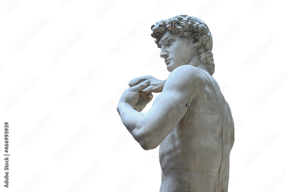copy of the marble sculpture of David by the great sculptor Michelangelo. Ancient sculpture, hero statue