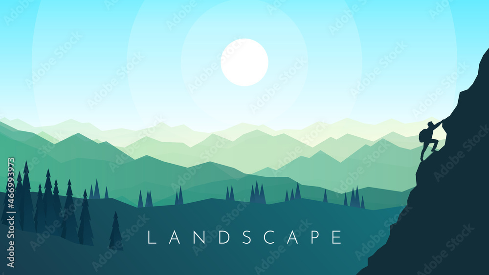 Man climbing mountain. Travel concept of discovering, exploring, observing nature. Hiking tourism. Adventure. Minimalist graphic flyer. Polygonal flat design. Vector illustration landscape