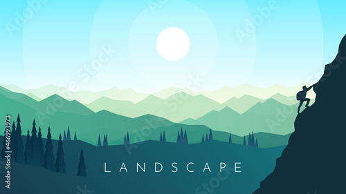 Man climbing mountain. Travel concept of discovering, exploring, observing nature. Hiking tourism. Adventure. Minimalist graphic flyer. Polygonal flat design. Vector illustration landscape © Yurii