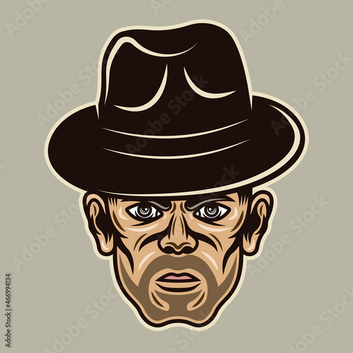 Gangster man head in fedora hat with bristle character colorful vector illustration in cartoon style isolated on light background
