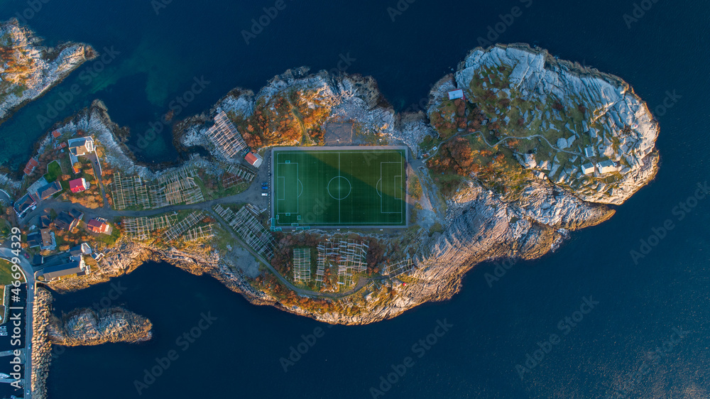 the Henningsvaer Stadion on an island in lofoten - obrazy, fototapety, plakaty 