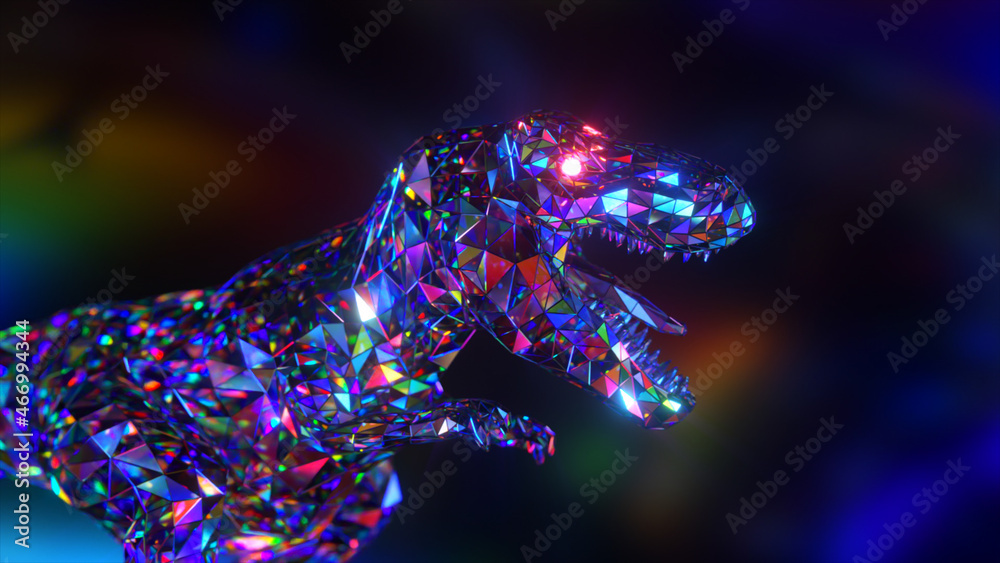 Collection of diamond animals. Roaring dinosaur. Nature and animals concept. Low poly. 3d illustration.