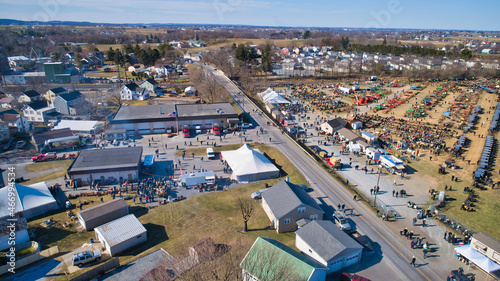 Aerial View of an Amish Mud Sale in Lancaster Pennsylvania on a Beautiful Cloudless Day