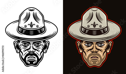 Boyscout men in hat with bristle vector character illustration in two styles black on white and colorful on dark background