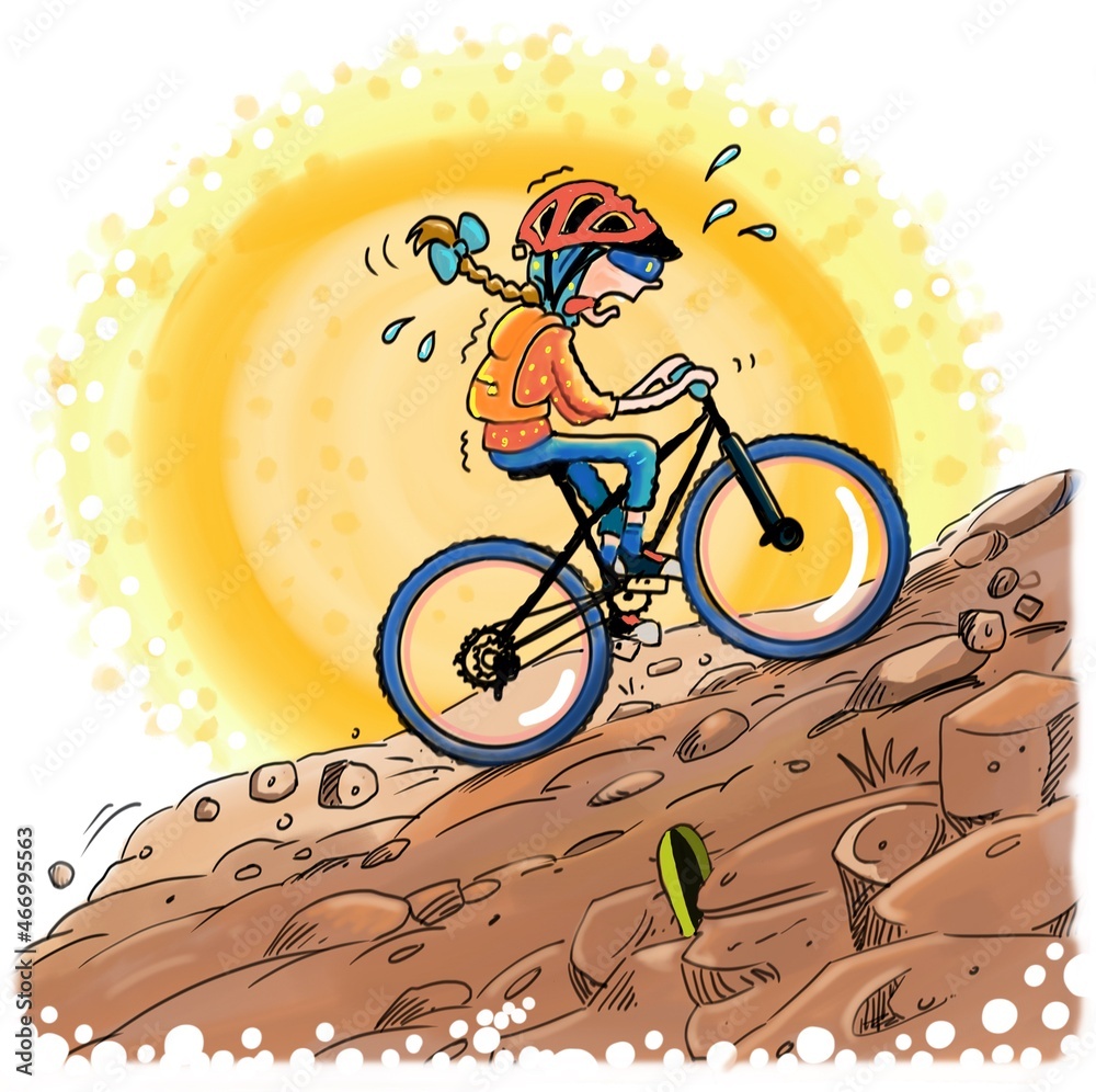 ciclista. niña ciclista, subiendo en bicicleta, cansada, deportes extremos,  deportista, subida, dibujos animados, 素材庫插圖| Adobe Stock