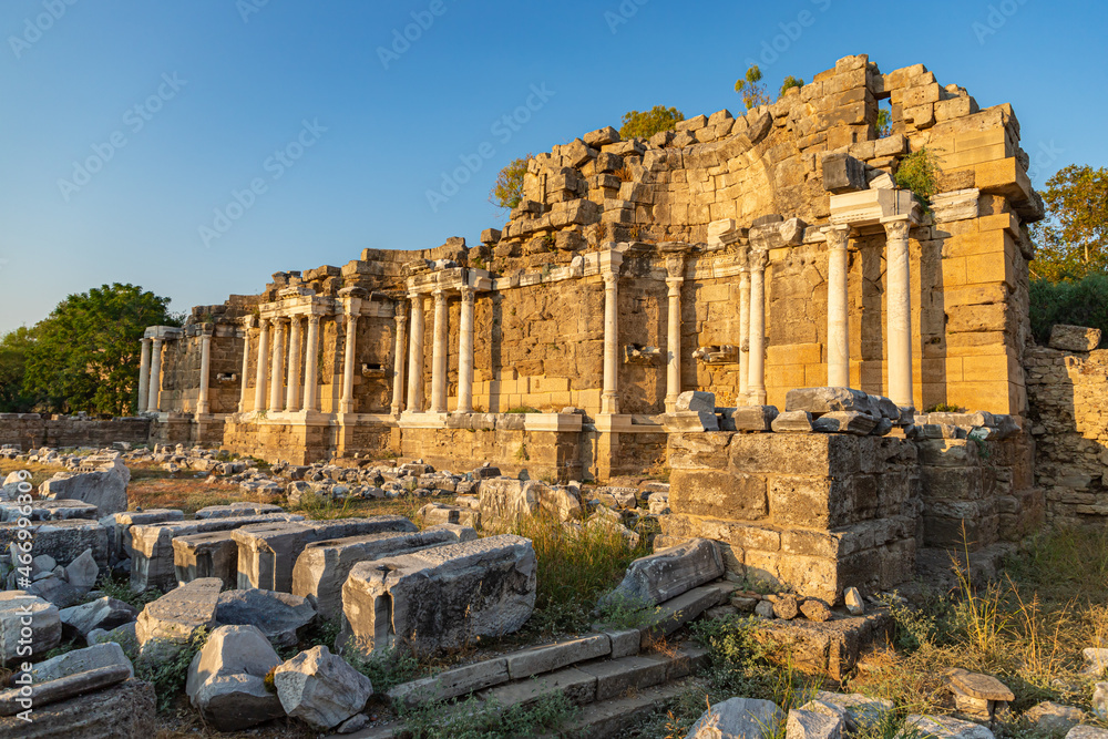 Side Nymphaeum in the ancient city of Side in Antalya region on the Mediterranean coast of Turkey.