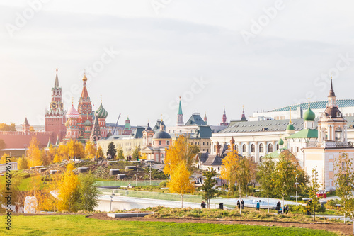 view of the Kremlin Moscow Zaryadye Park sunny day autumn