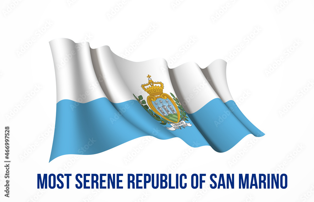 San Marino flag state symbol isolated on background national banner. Greeting card National Independence Day of the Republic of San Marino. Illustration banner with realistic state flag. San Marino flag state symbol isolated on background national banner. Greeting card National Independence Day of the Republic of San Marino. Illustration banner with realistic state flag.