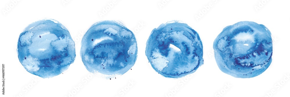 Watercolor brush painting, granulation effect on paper. blue isolated icons