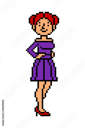 Smiling girl in purple short evening dress, 8 bit pixel art character isolated on white background. Cocktail party look woman. Vintage retro 80s, 90s 2d computer, video game, slot machine graphics.