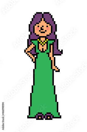 Happy long-haired woman in a long green evening dress, 8 bit pixel art character isolated on white background. Old school vintage retro 80s, 90s 2d computer, video game, slot machine graphics.
