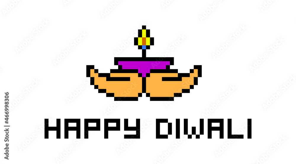 Fototapeta premium Pixel art Happy Diwali banner. Diya lamp in hands on white background with text, 8 bit print. Indian festival of lights card. Old school retro 80s, 90s 2d computer, video game, slot machine graphics.