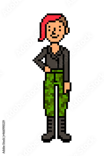 Punk rock tomboy girl in leather jacket, camouflage pants, combat boots, 8 bit pixel art character isolated on white. Old school vintage retro 80s, 90s 2d computer, video game, slot machine graphics.