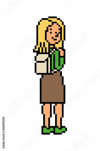 Happy schoolgirl with a backpack looking over shoulder, 8 bit pixel art character isolated on white background. University, college student.Vintage retro 2d computer, video game, slot machine graphics