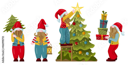A colorful set of little gnomes. Fairy-tale characters perform various actions related to Christmas and New Year. Vector.