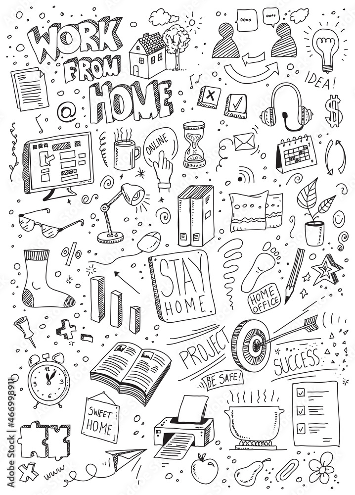 Fototapeta Work from home hand drawn doodles