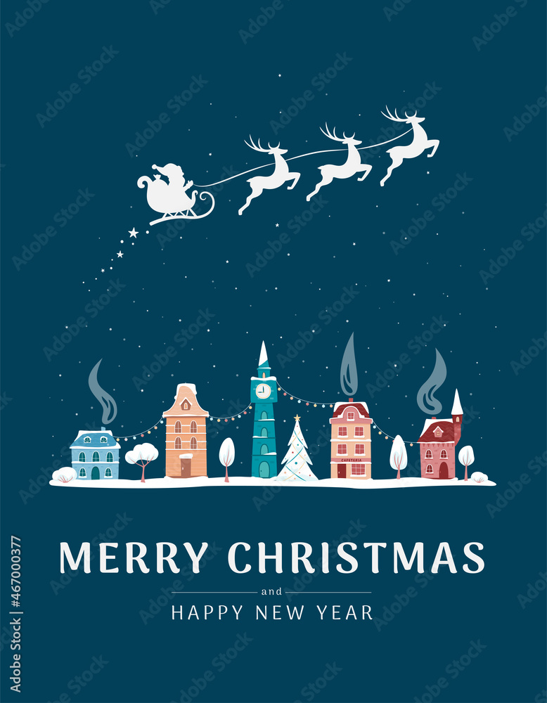 Christmas card with winter old town and Santa sleight. Night city landscape with decorative old buildings and Merry Christmas sign. Winter town. Vector illustration in flat style