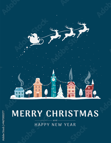 Christmas card with winter old town and Santa sleight. Night city landscape with decorative old buildings and Merry Christmas sign. Winter town. Vector illustration in flat style