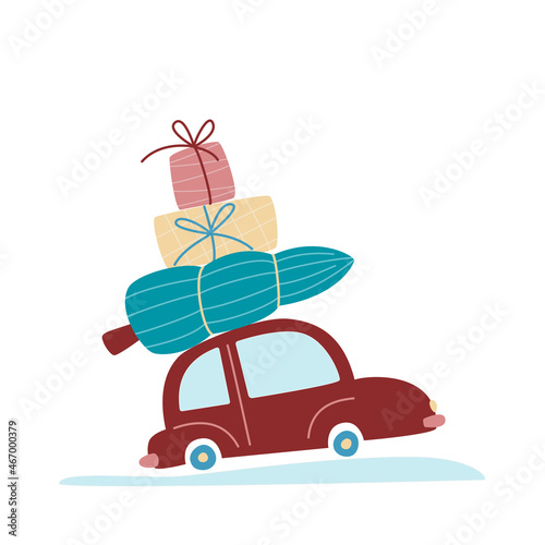 Dark Red retro car with Fir tree and New Year gifts. Little cartoon car carrying X-mas tree and present boxes on its rack. Vector illustration in cartoon style