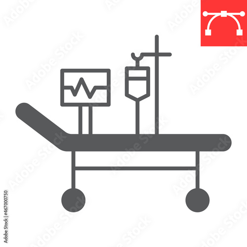 Intensive care glyph icon, chemotherapy and coronavirus, hospital bed vector icon, vector graphics, editable stroke solid sign, eps 10.