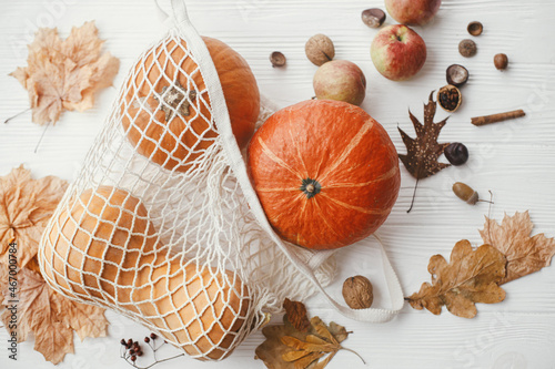 Pumpkins in string bag  apples  nuts and autumn leaves on white wooden background. Autumnal Flat lay. Zero waste concept  plastic free shopping. Harvest. Happy Thanksgiving