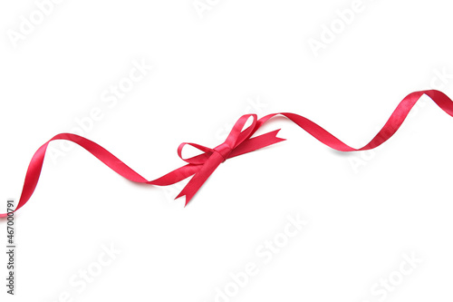 Red satin ribbon isolated on white. Holiday curled decor, christmas present decoration. Festive element.