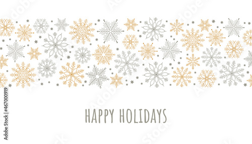 Happy holiday seamless pattern with snowflakes. Gold gray border. Simle  winter vector design for greeting card package banner