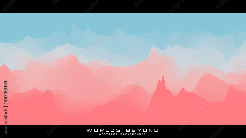 Abstract colorful landscape with misty fog till horizon over mountain slopes. Gradient eroded terrain surface. Worlds beyond.