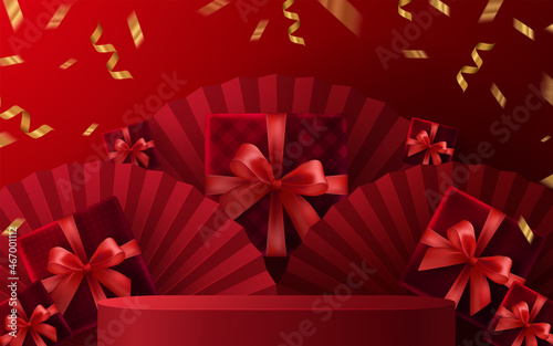 3d Podium round, square podium or boxing day sale, christmas or black friday shopping concept design of red, gold, black, boxing gloves holding for happy time with decorative elements cut style.