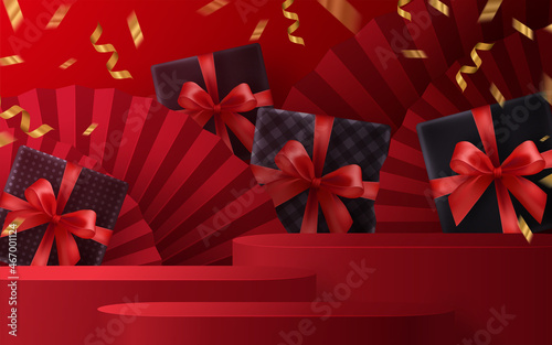 3d Podium round, square podium or boxing day sale, christmas or black friday shopping concept design of red, gold, black, boxing gloves holding for happy time with decorative elements cut style.