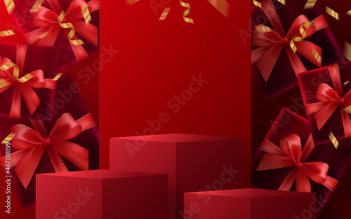 3d Podium round, square podium or boxing day sale, christmas or black friday shopping concept design of red, gold, black, boxing gloves holding for happy time with decorative elements cut style. photo
