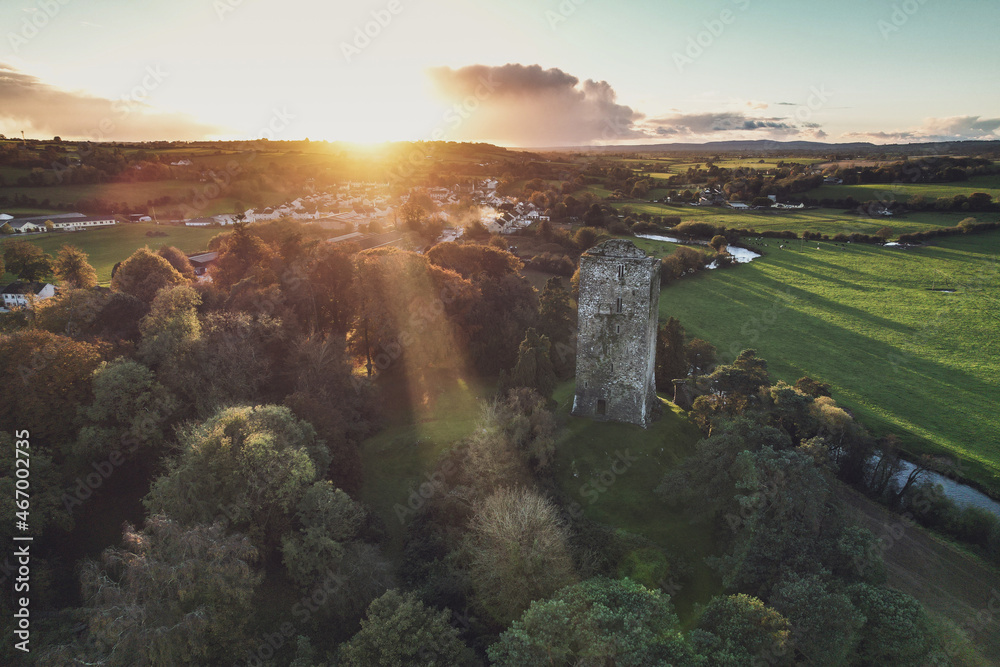 Aerial view of Conna Castle at sunset in county Cork, Ireland