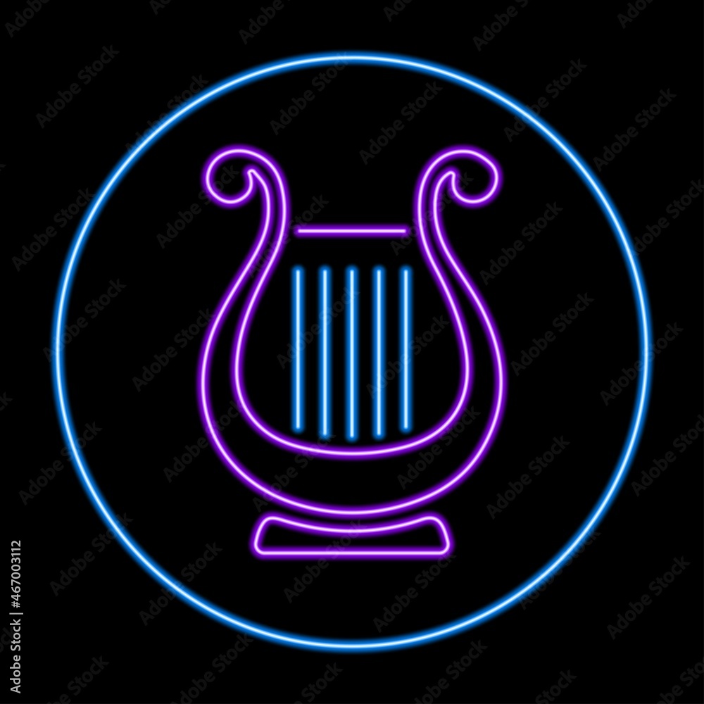 Lyre neon sign, modern glowing banner design, colorful modern design trend on black background. Vector illustration. Lyre neon sign, modern glowing banner design, colorful modern design trend on black background. Vector illustration.